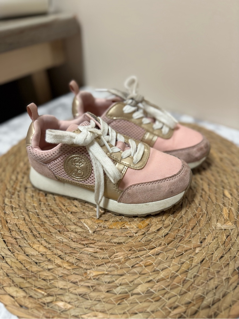 Kids Pink & Gold Lace-Up Fashion Sneakers